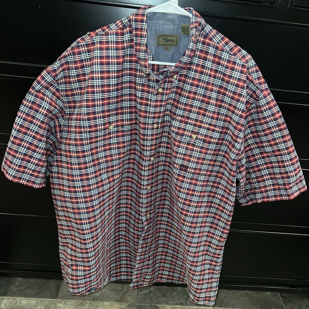 ROPER Men's Red Blue Plaid S/S Button Down Shirt 2XL‎ Cotton